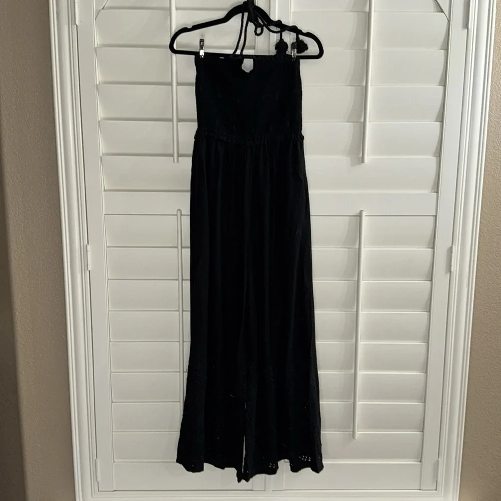 Anthropologie Strapless Eyelet Jumpsuit Black